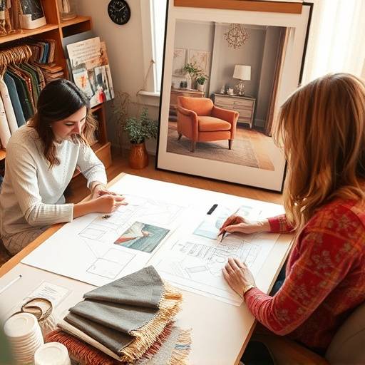 A design consultation in progress, with a client and a designer discussing fabric swatches and furniture sketches.