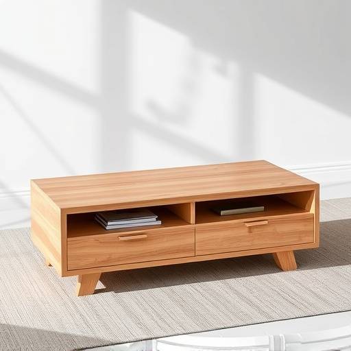 A modern wooden coffee table with a sleek, minimalist design and storage shelf below.