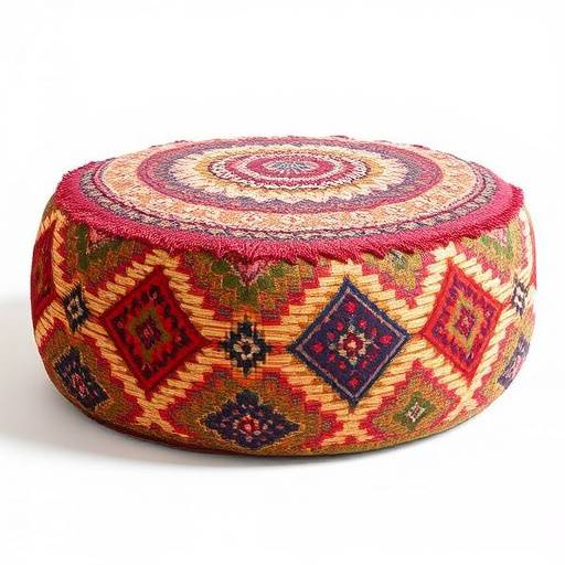 Large, square floor pouf in a bohemian-inspired patterned fabric