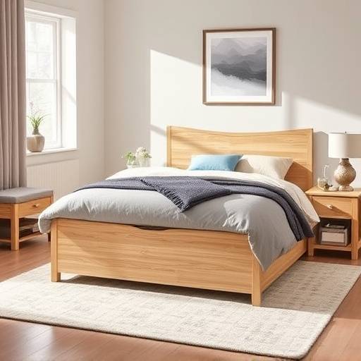 Queen-size platform bed with built-in storage drawers and a light oak finish