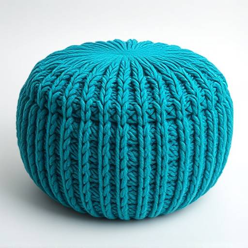 Round knitted pouf in a vibrant teal color